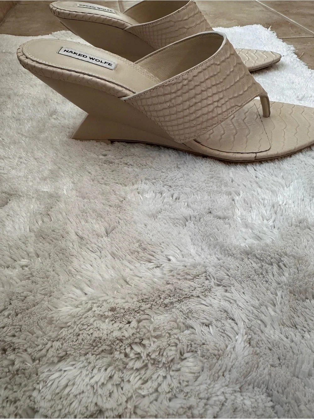 Naked Wolfe Neutral Textured Thong Wedge Mules